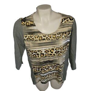 Chicos Womens Leopard & Striped Print Long Sleeve‎ Top Size 2 Cotton/Modal